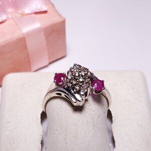 Estate .60ctw Natural Round Diamond / side Ruby 10Kt YG custom Bypass Ring#22669